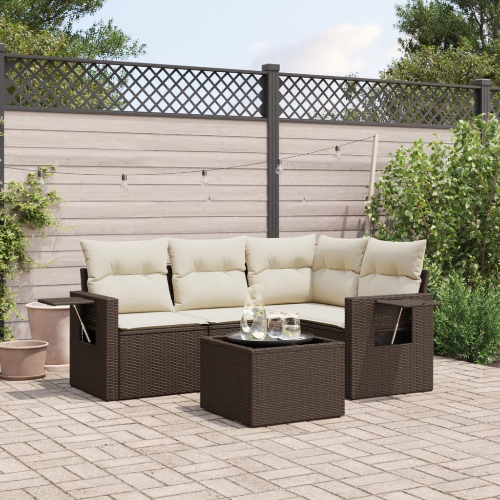 5-tlg. Garten-Sofagarnitur mit Kissen Braun Poly Rattan 5-tlg. Garten-Sofagarnitur mit Kissen Braun Poly Rattan