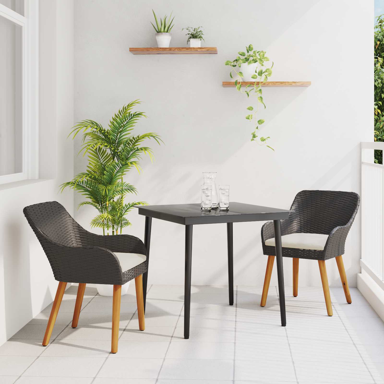3-teiliges Garten Essset Schwarz Poly Rattan