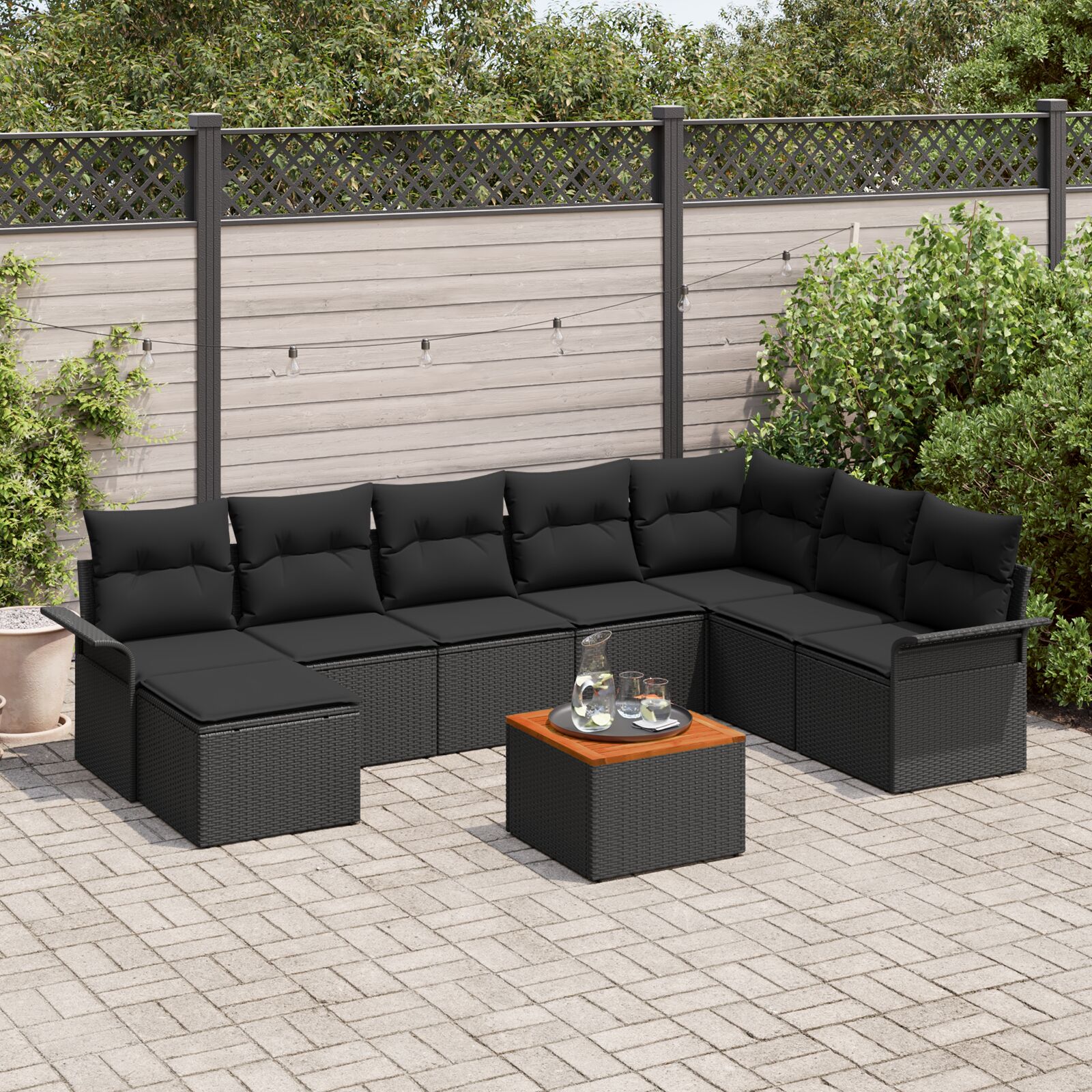 9-teilige Garten Sofa Set mit Kissen Schwarz Poly Rattan Akazie 9-teilige Garten Sofa Set mit Kissen Schwarz Poly Rattan Akazie