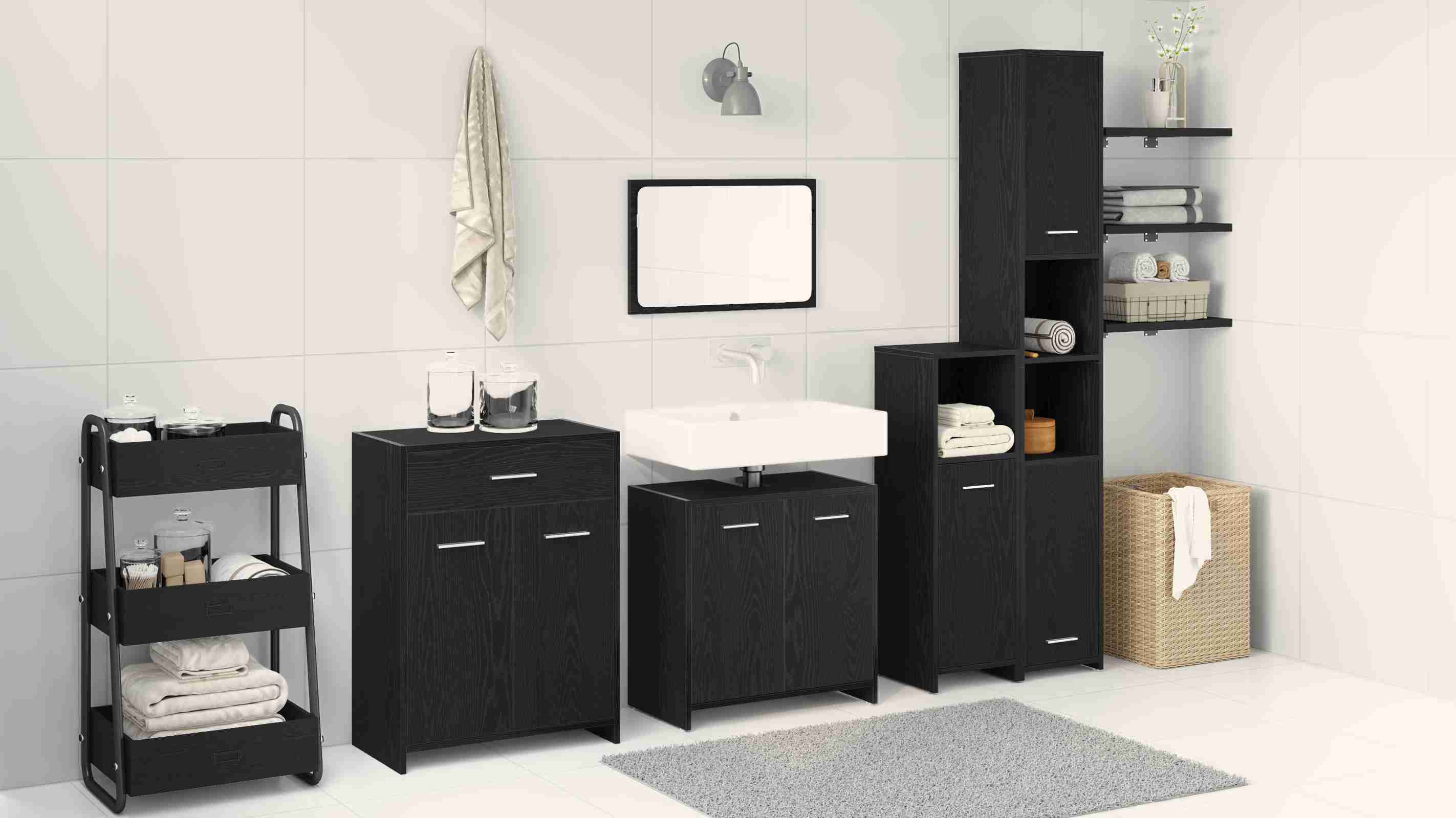4-teiliges Badezimmermöbel Set, Schwarze Eiche, Spanplatte