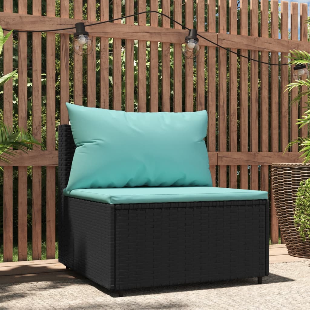 Garten-Mittelsofa mit Kissen Schwarz Poly Rattan Garten-Mittelsofa mit Kissen Schwarz Poly Rattan