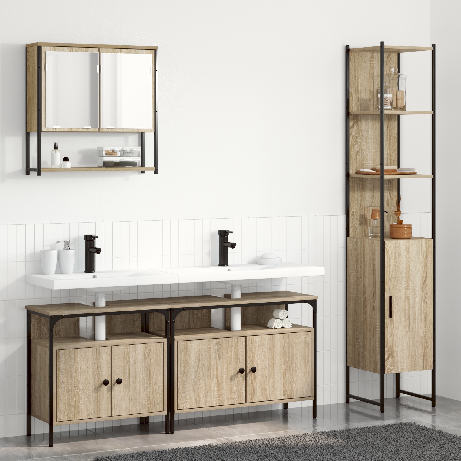 Badezimmermöbel Set mit Regal Wandmontiert mit Speicher mit Tür mit Spiegel 4 pcs Sonoma Eiche Mittel