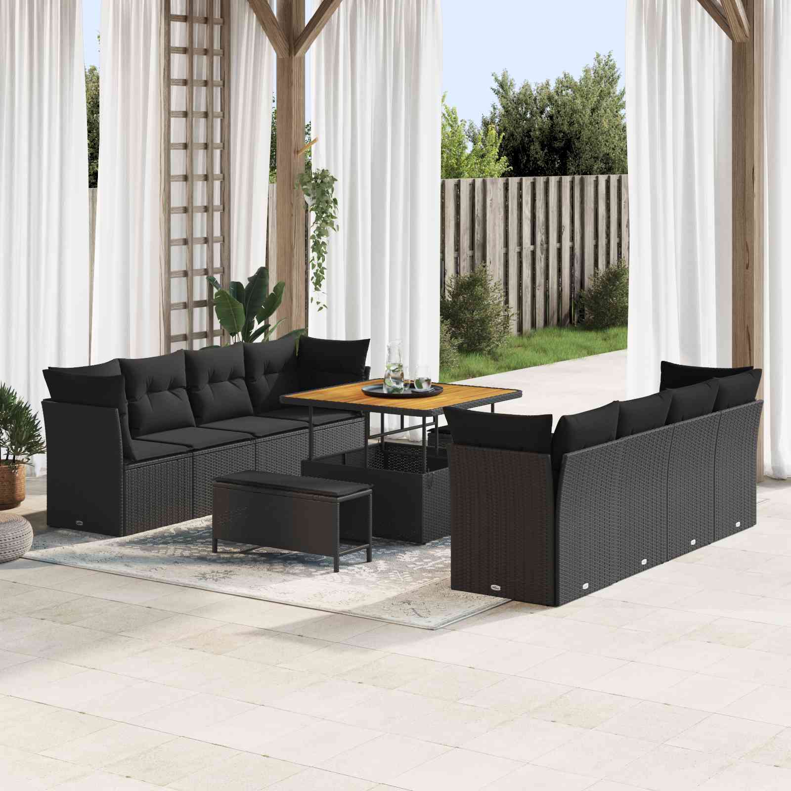 11-teiliges Garten Sofa Set mit Kissen Schwarz Poly Rattan Akazie