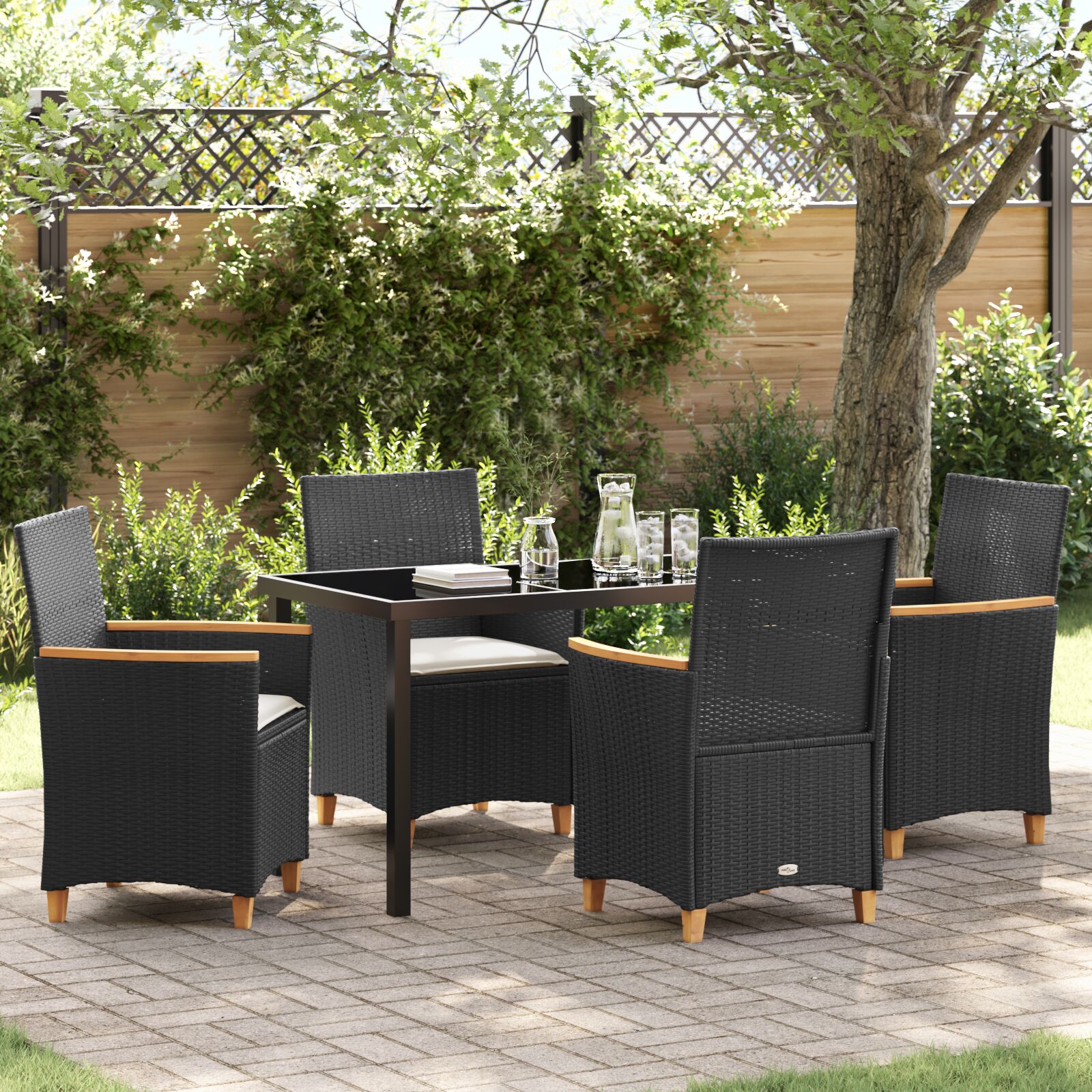 5-teiliges Garten-Ess-Set mit Kissen Schwarz Poly-Rattan