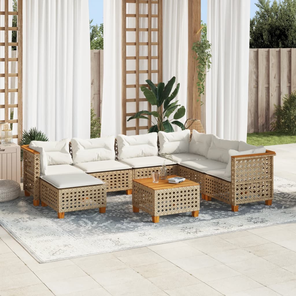 8-tlg. Garten-Sofagarnitur mit Kissen Beige Poly Rattan