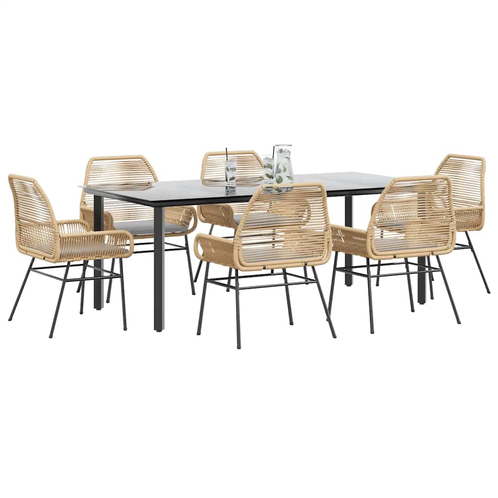 7-tlg. Garten-Essgruppe mit Kissen Braun Poly Rattan Glas 7-tlg. Garten-Essgruppe mit Kissen Braun Poly Rattan Glas