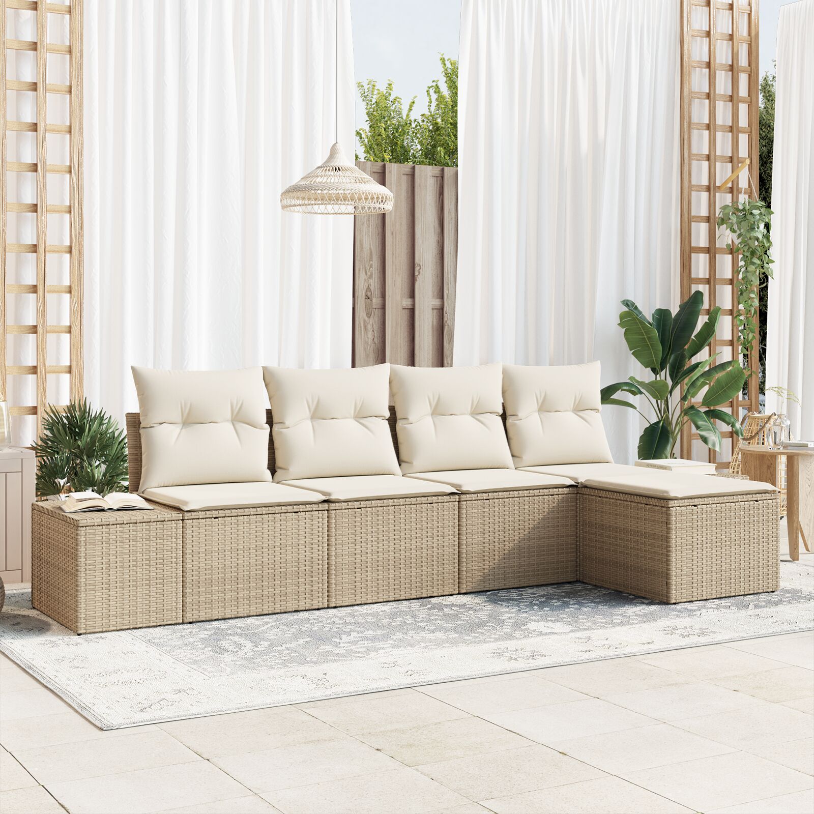 5-teiliges Garten-Sofa-Set mit Kissen Beige Poly-Rattan 5-teiliges Garten-Sofa-Set mit Kissen Beige Poly-Rattan
