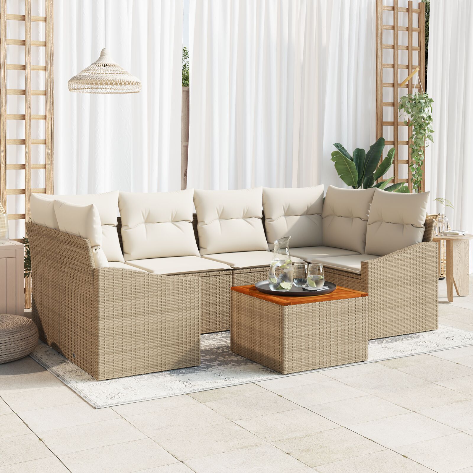 7-teiliges Garten-Sofa Set mit Kissen Beige Poly Rattan Akazie 7-teiliges Garten-Sofa Set mit Kissen Beige Poly Rattan Akazie