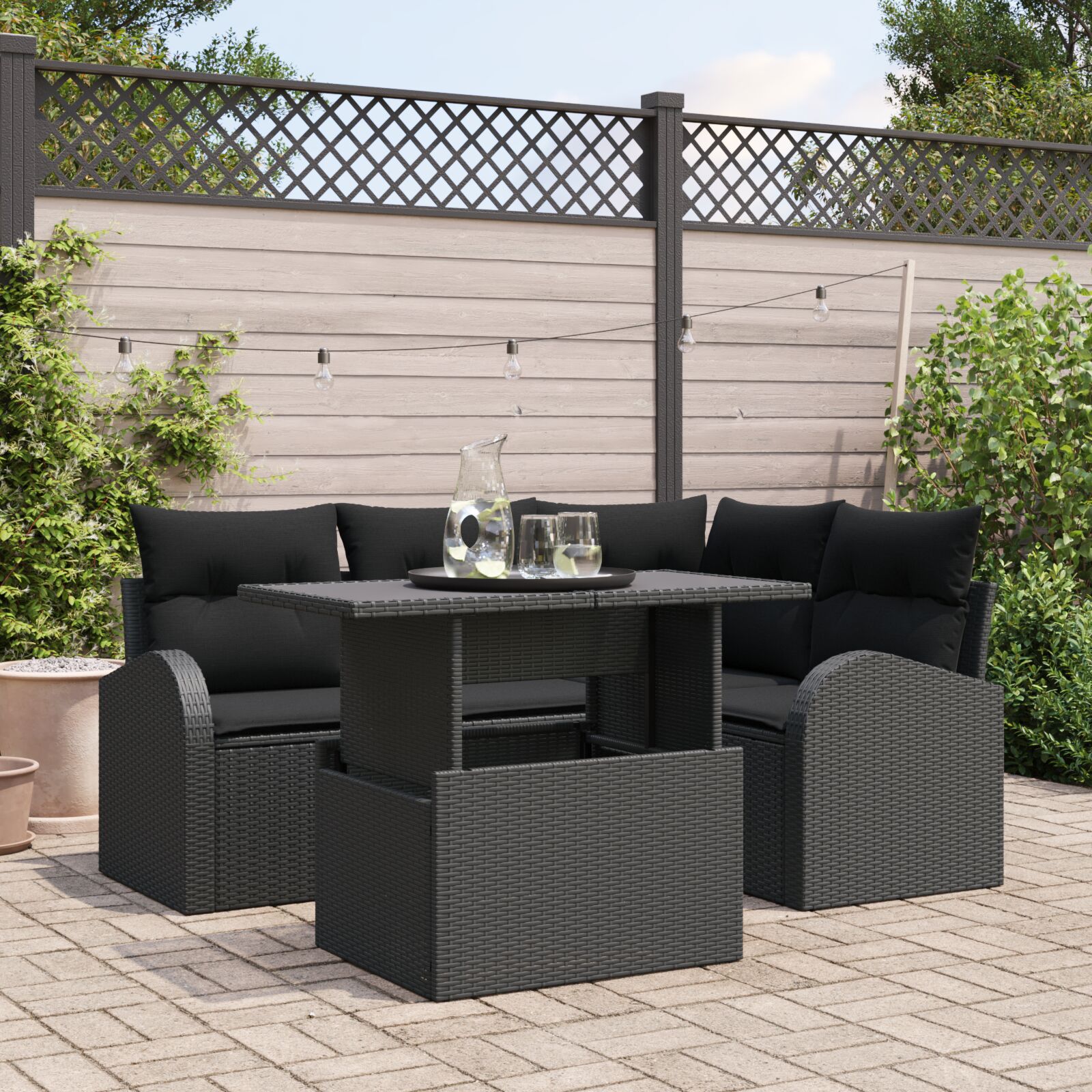 5-teiliges Garten Sofa Set mit Kissen Schwarz Poly Rattan