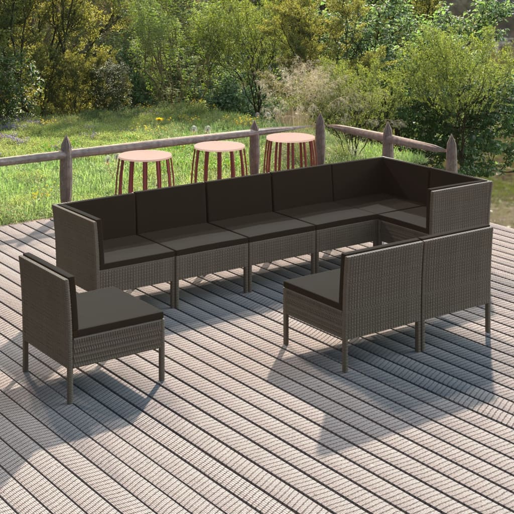9-tlg. Garten-Lounge-Set mit Auflagen Poly Rattan Grau 9-tlg. Garten-Lounge-Set mit Auflagen Poly Rattan Grau