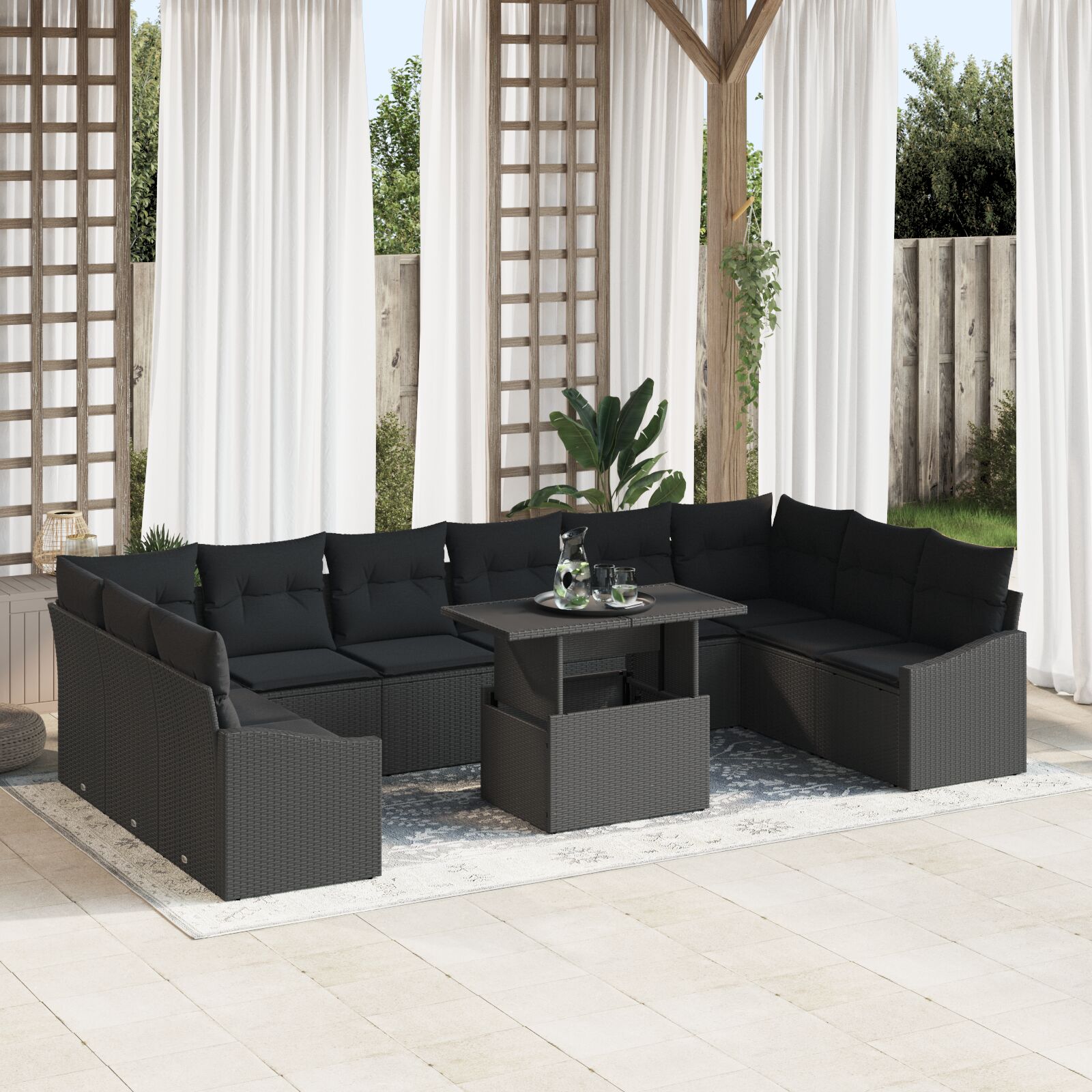 11-teiliges Garten-Sofa-Set mit Kissen in Schwarz aus Poly-Rattan 11-teiliges Garten-Sofa-Set mit Kissen in Schwarz aus Poly-Rattan