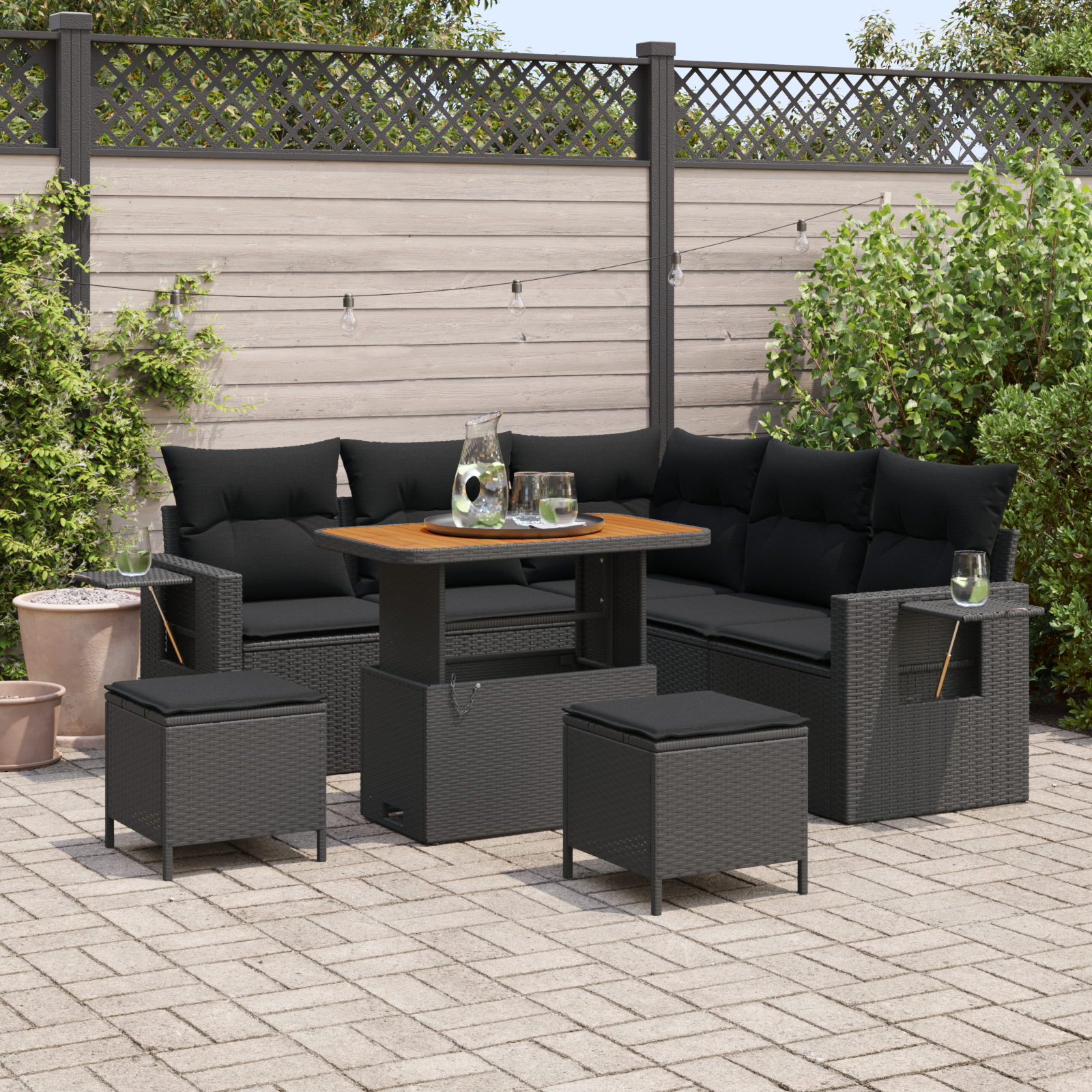 8-teiliges Garten Sofa Set mit Kissen aus schwarzem poly Rattan 8-teiliges Garten Sofa Set mit Kissen aus schwarzem poly Rattan