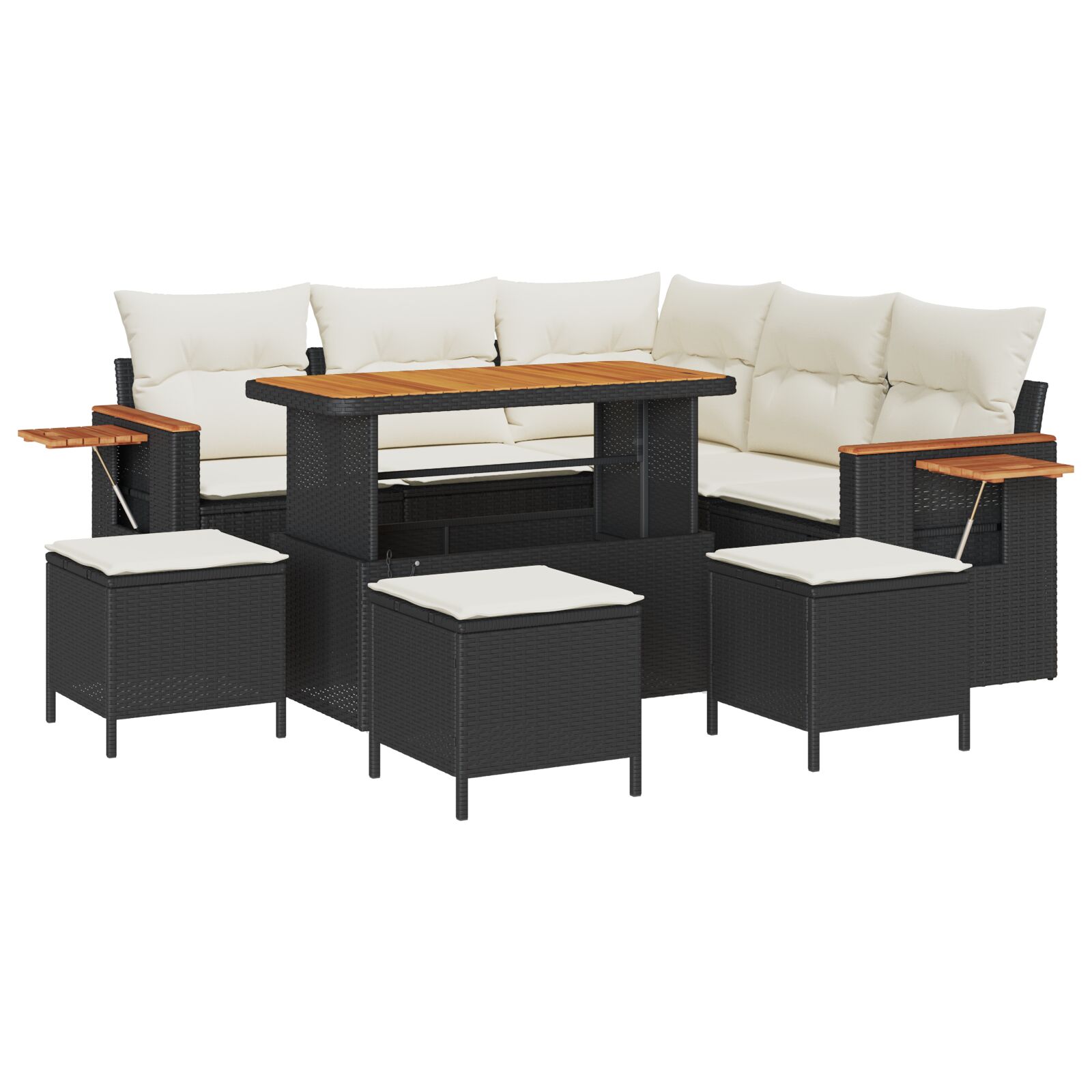 9-teiliges Garten Sofa Set mit Kissen Schwarz Poly Rattan Akazie, 4-teiliges Garten Essset mit Kissen Schwarz Poly Rattan Akazie