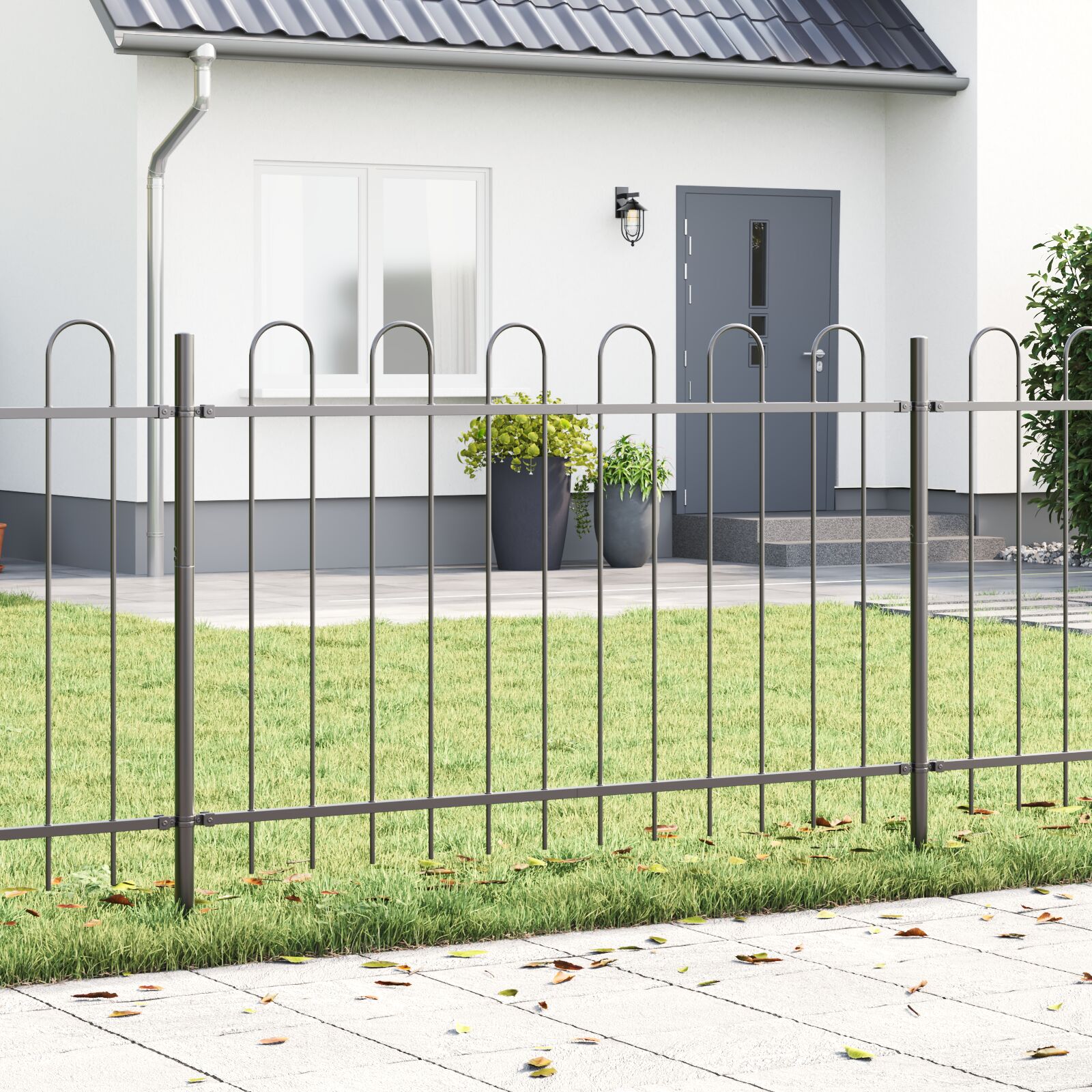 vidaXL Gartenzaun mit Bogenoberseite grau, 11,9 x 1 m, aus Stahl