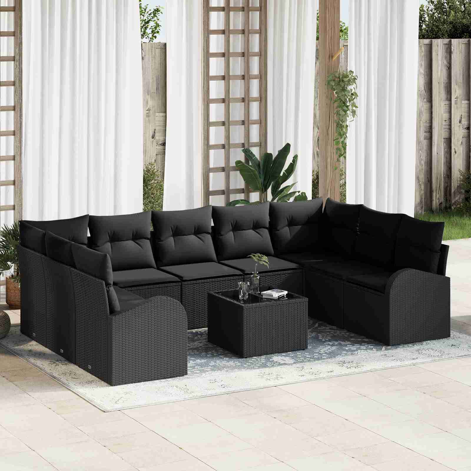 10-teiliges Garten Sofa Set mit Kissen Beige Poly Rattan