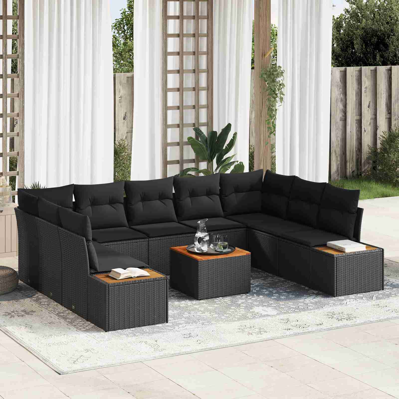 10-teiliges Garten-Sofa-Set mit Kissen Schwarz Poly-Rattan Akazie 10-teiliges Garten-Sofa-Set mit Kissen Schwarz Poly-Rattan Akazie