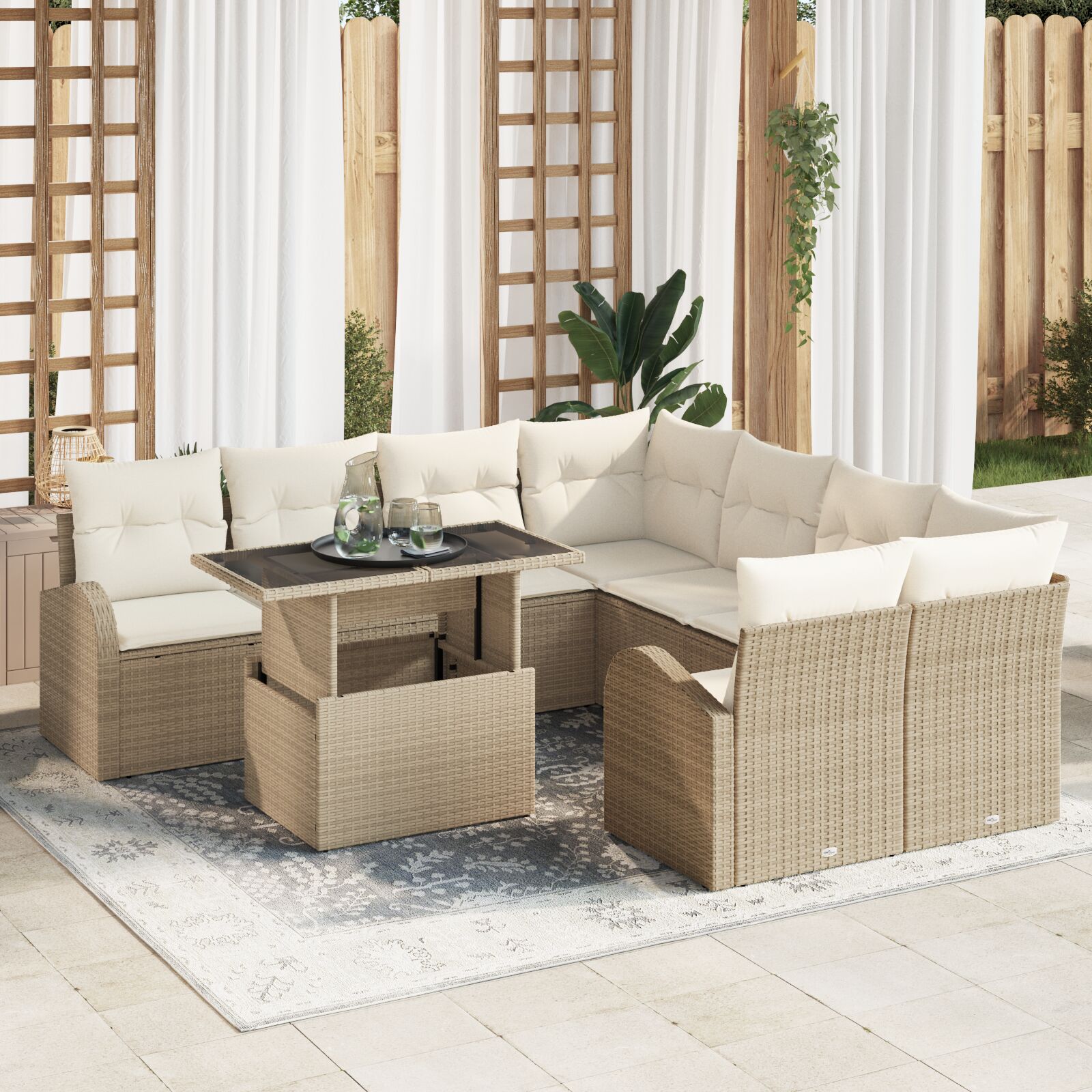 9-teiliges Garten Sofa Set mit Kissen Beige Poly Rattan
