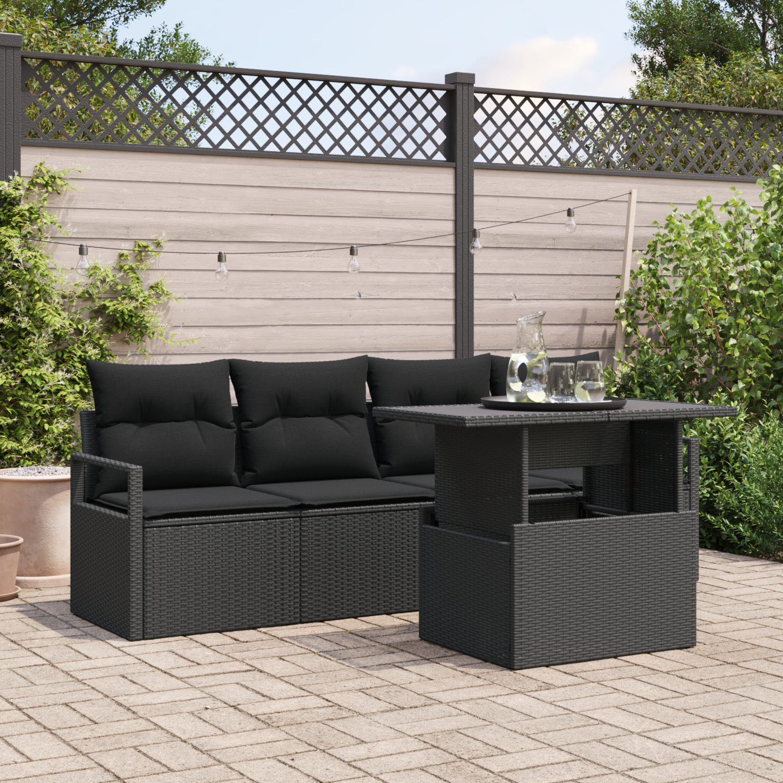 5-teiliges Garten Sofa Set mit Kissen Schwarz Poly Rattan 5-teiliges Garten Sofa Set mit Kissen Schwarz Poly Rattan