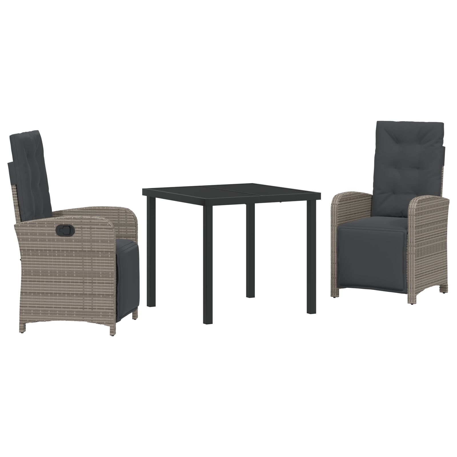 3-teiliges Garten Essset mit Polstern Grau Poly Rattan, Gartentisch Schwarz 80x80x73 cm Sicherheitsglas
