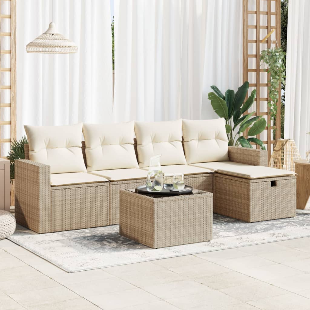 6-tlg. Garten-Sofagarnitur mit Kissen Beige Poly Rattan