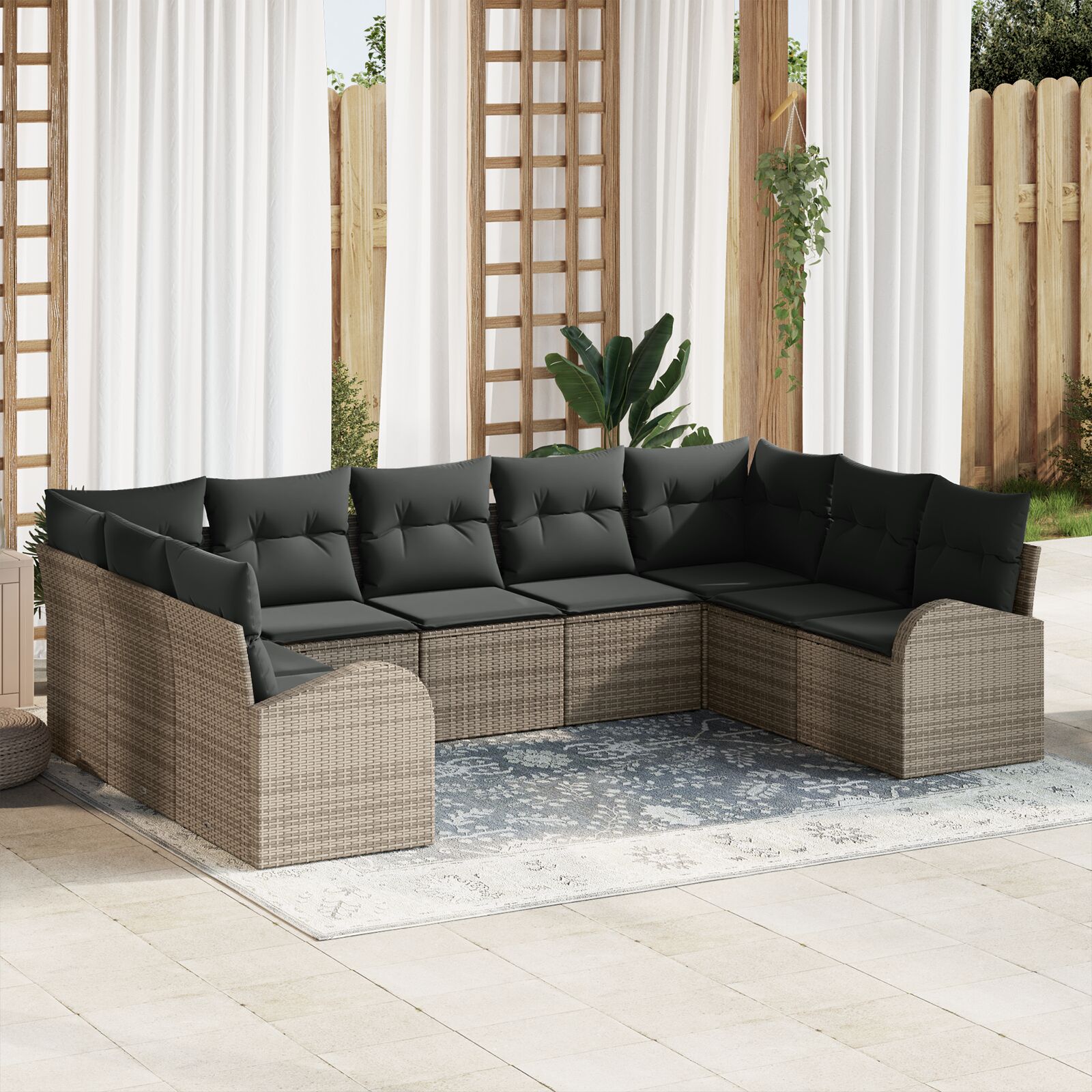 Garten-Sofa-Set 9-teilig Grau Rattan, Polyester Garten-Sofa-Set Garten-Sofa-Set 9-teilig Grau Rattan, Polyester Garten-Sofa-Set