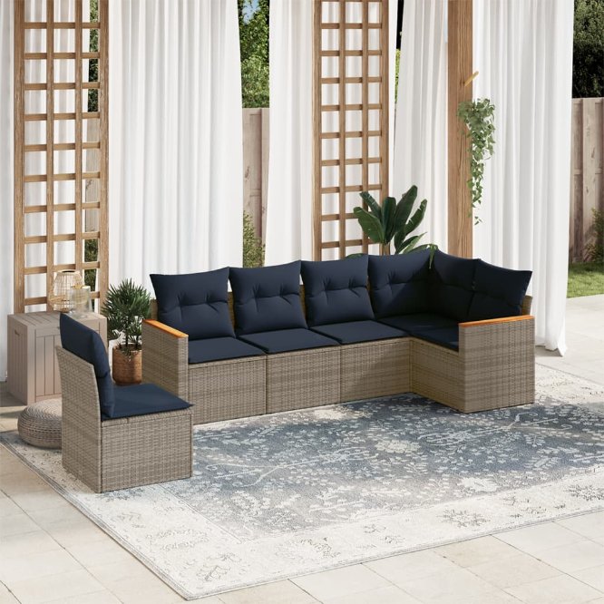 6-teiliges Gartensofa-Set mit Kissen, grau, Polyrattan
