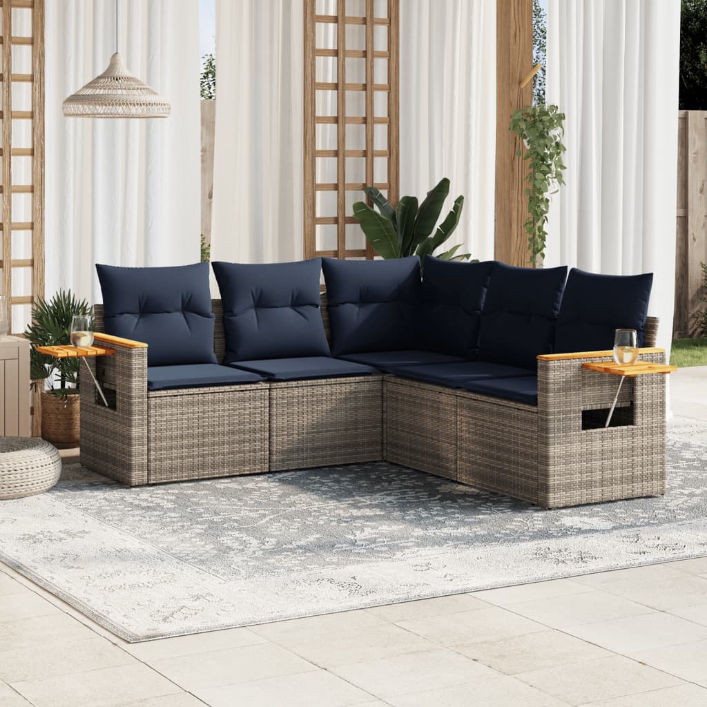 5-tlg. Garten-Sofagarnitur mit Kissen Grau Poly Rattan 5-tlg. Garten-Sofagarnitur mit Kissen Grau Poly Rattan