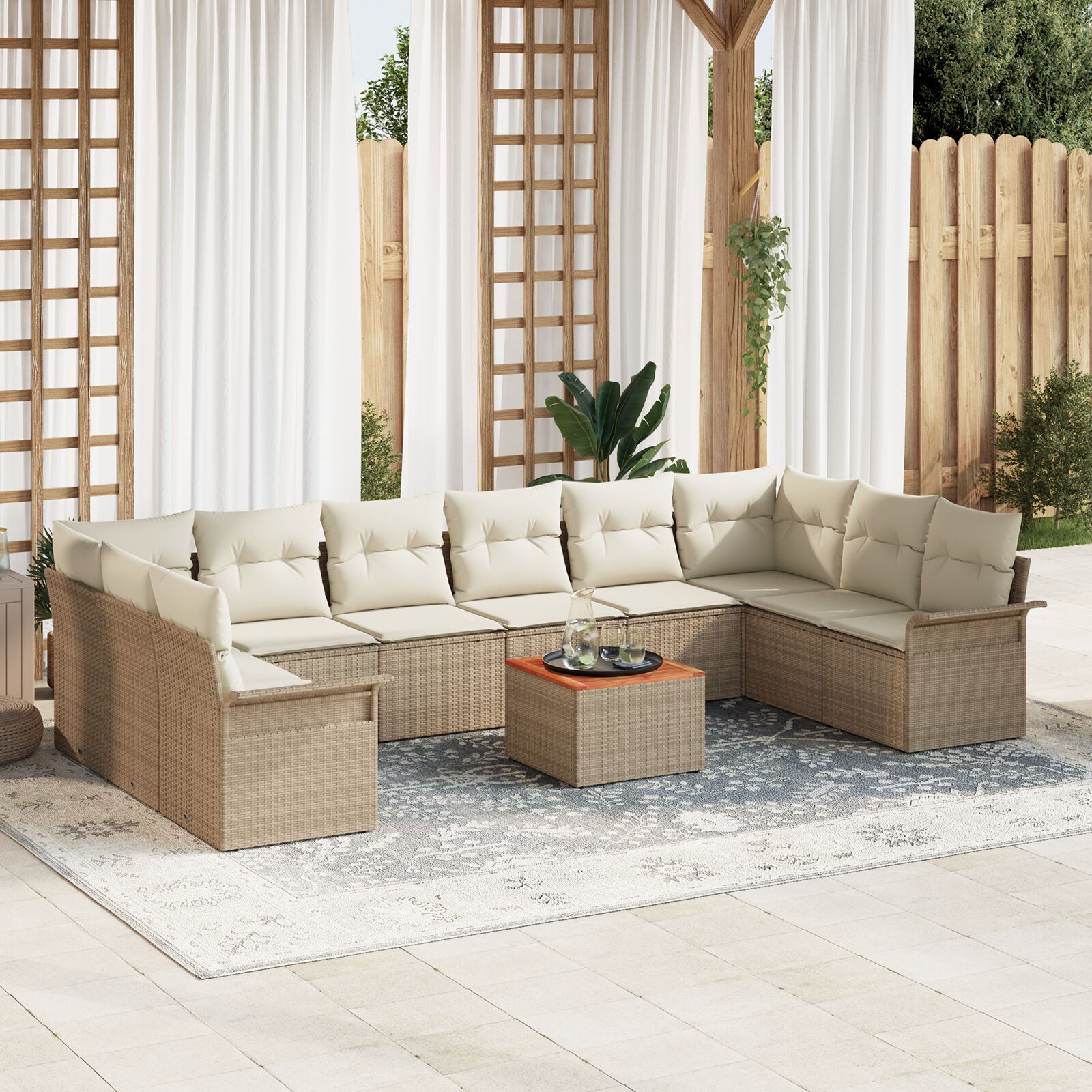 11-teiliges Garten Sofa Set mit Kissen Beige Poly Rattan Akazie 11-teiliges Garten Sofa Set mit Kissen Beige Poly Rattan Akazie