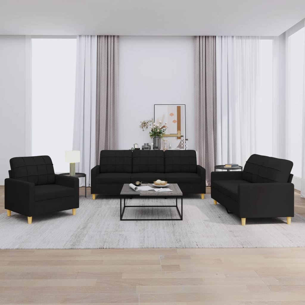 3-tlg. Sofagarnitur mit Kissen Schwarz Stoff 3-tlg. Sofagarnitur mit Kissen Schwarz Stoff
