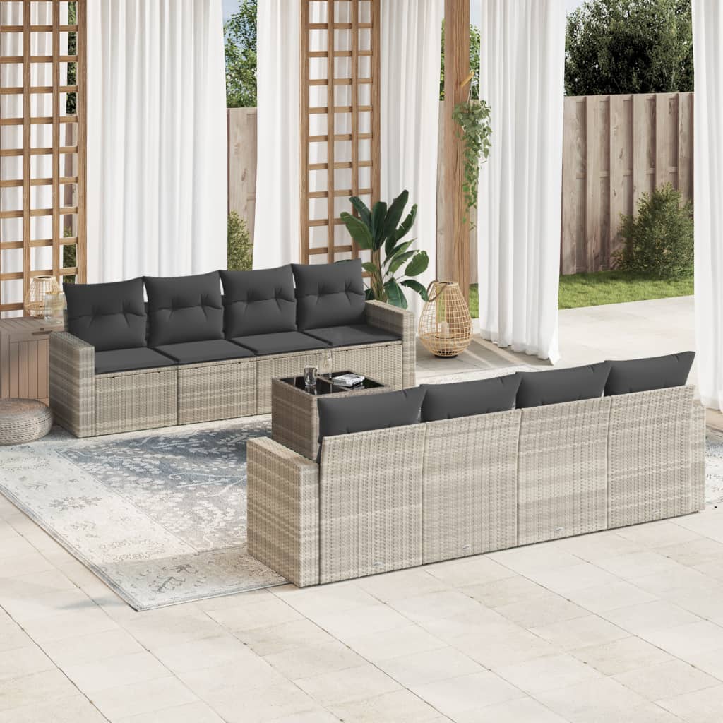 9-tlg. Garten-Sofagarnitur mit Kissen Hellgrau Poly Rattan 9-tlg. Garten-Sofagarnitur mit Kissen Hellgrau Poly Rattan