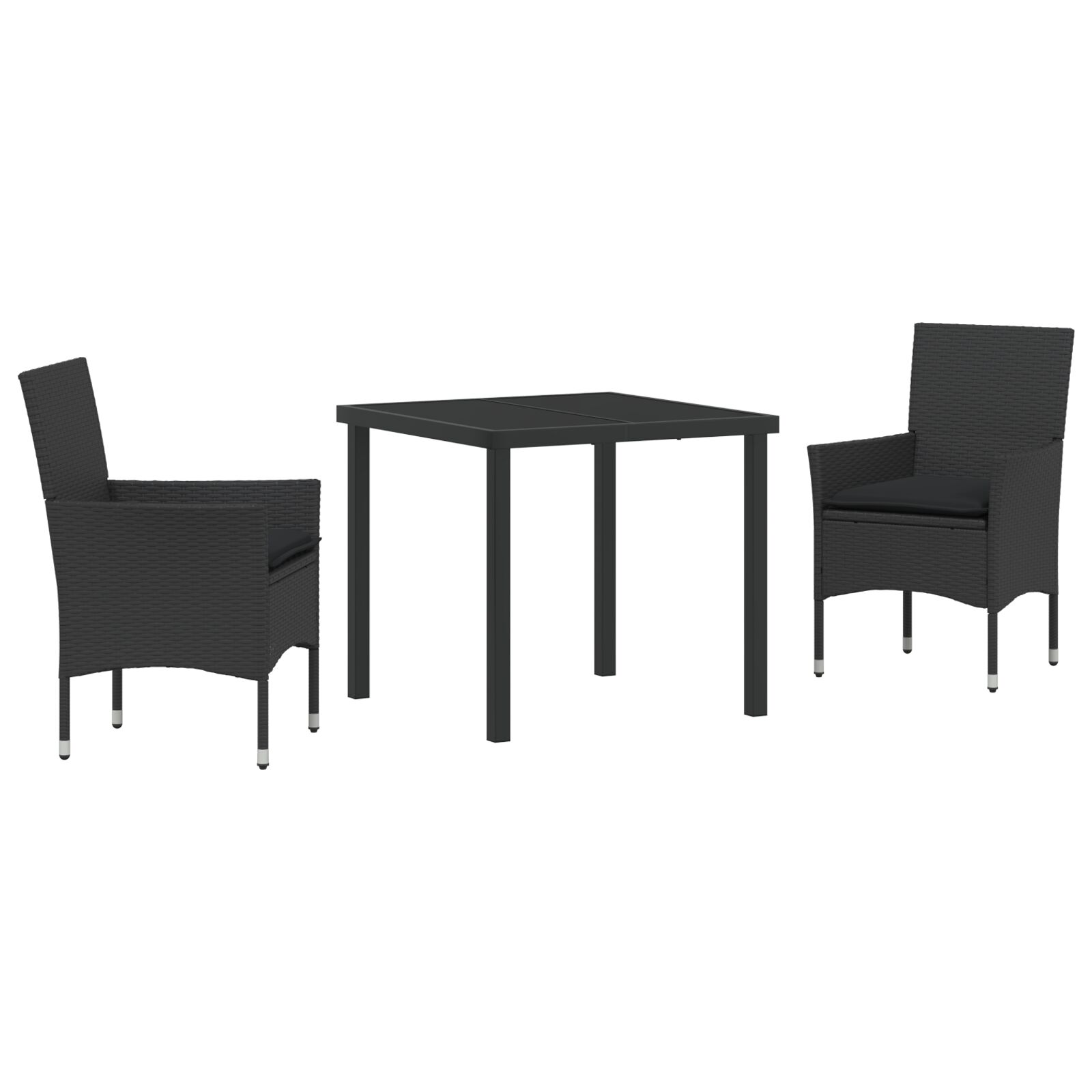 3-teiliges Garten Essgruppe mit Kissen Schwarzes Poly-Rattan, Gartentisch Schwarz 80x80x73 cm mit Sicherheitsglas 3-teiliges Garten Essgruppe mit Kissen Schwarzes Poly-Rattan, Gartentisch Schwarz 80x80x73 cm mit Sicherheitsglas