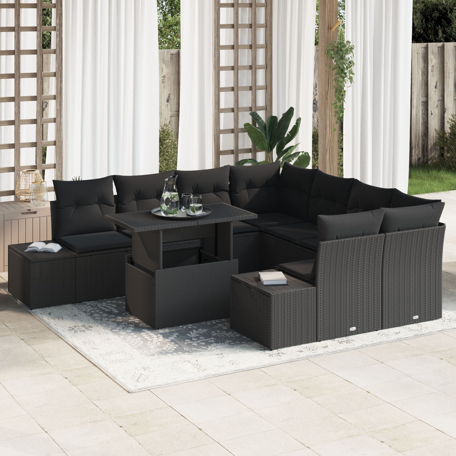 9-teiliges Garten Sofa Set mit Kissen Schwarz Poly Rattan 9-teiliges Garten Sofa Set mit Kissen Schwarz Poly Rattan