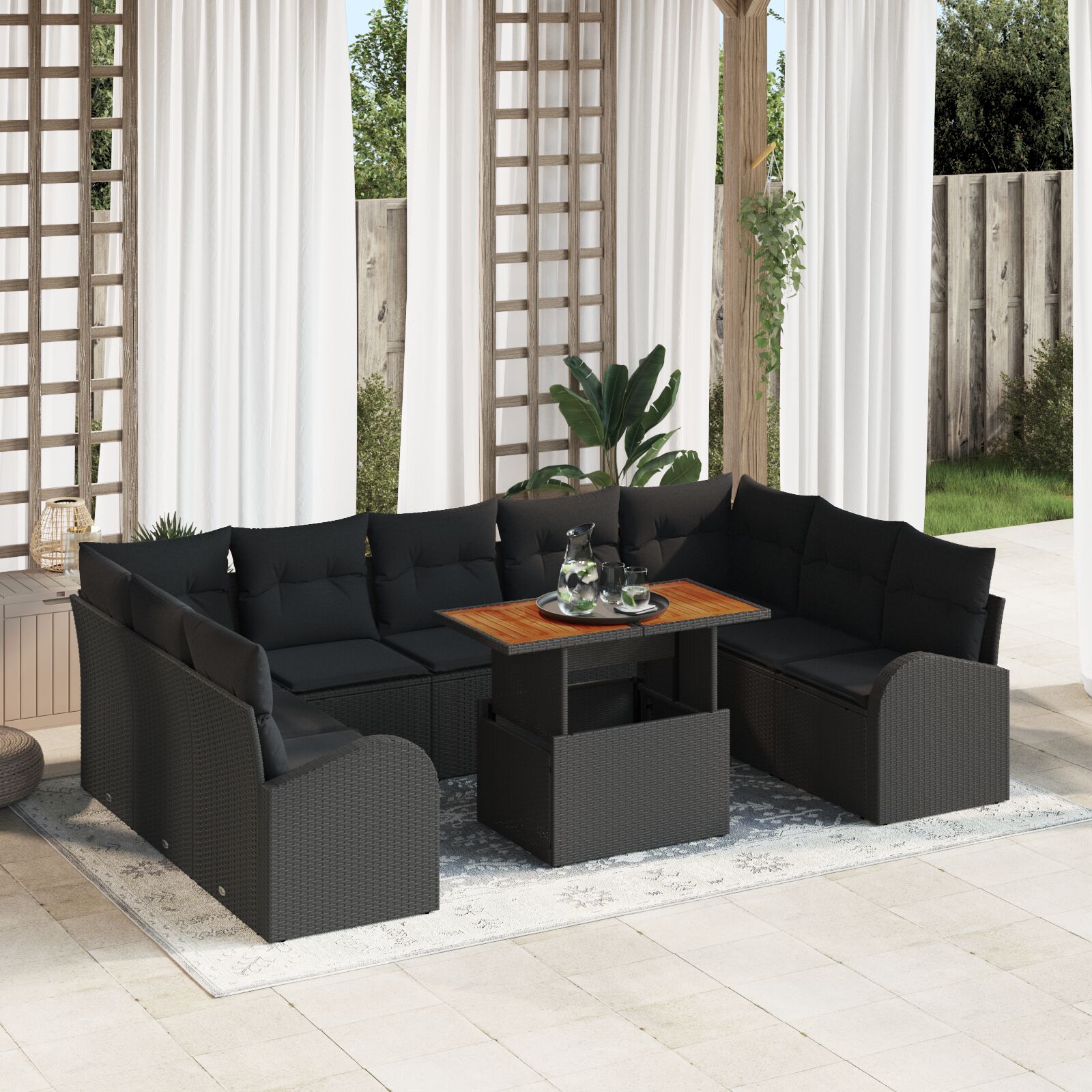 10-teilige Garten Essgruppe mit Kissen Schwarz Poly Rattan Akazie 10-teilige Garten Essgruppe mit Kissen Schwarz Poly Rattan Akazie