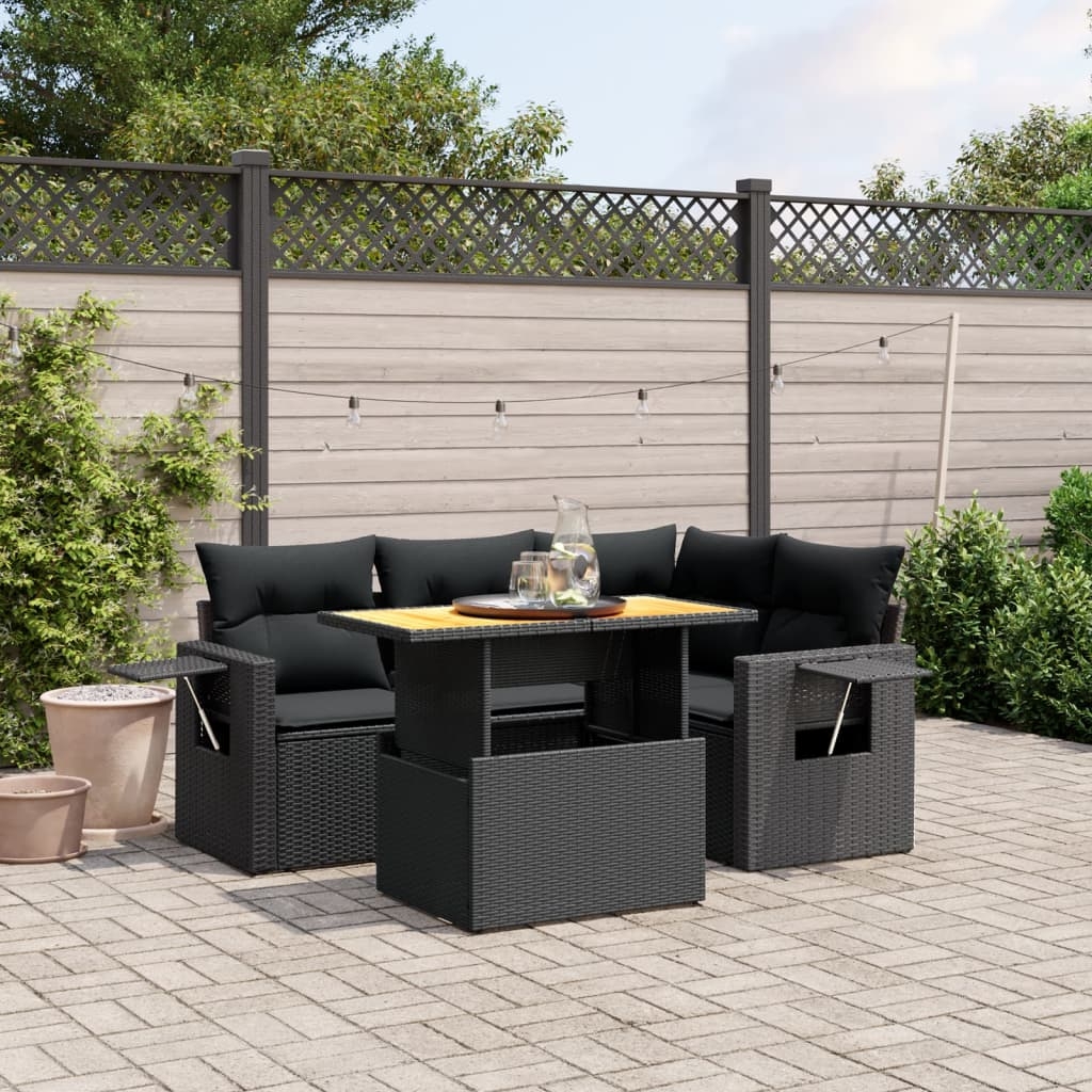 5-tlg. Garten-Sofagarnitur mit Kissen Schwarz Poly Rattan 5-tlg. Garten-Sofagarnitur mit Kissen Schwarz Poly Rattan
