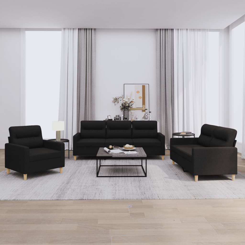 3-tlg. Sofagarnitur mit Kissen Schwarz Stoff 3-tlg. Sofagarnitur mit Kissen Schwarz Stoff
