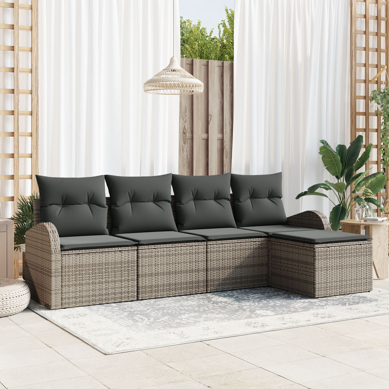5-teiliges Garten-Sofa-Set mit Kissen in Grau aus Poly-Rattan 5-teiliges Garten-Sofa-Set mit Kissen in Grau aus Poly-Rattan