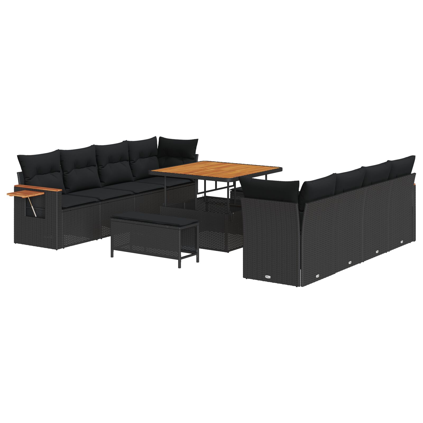 11-teiliges Garten Sofa Set mit Kissen aus schwarzem Poly Rattan und Akazie, 3-teiliges Garten Esstisch Set mit Kissen aus schwarzem Poly Rattan und Akazie