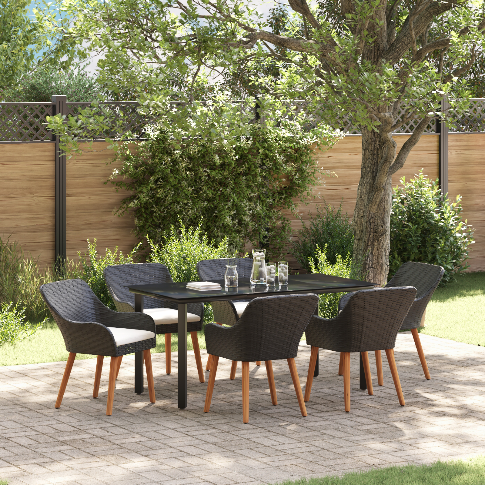 7-teiliges Garten Esstisch Set Schwarzes Poly Rattan