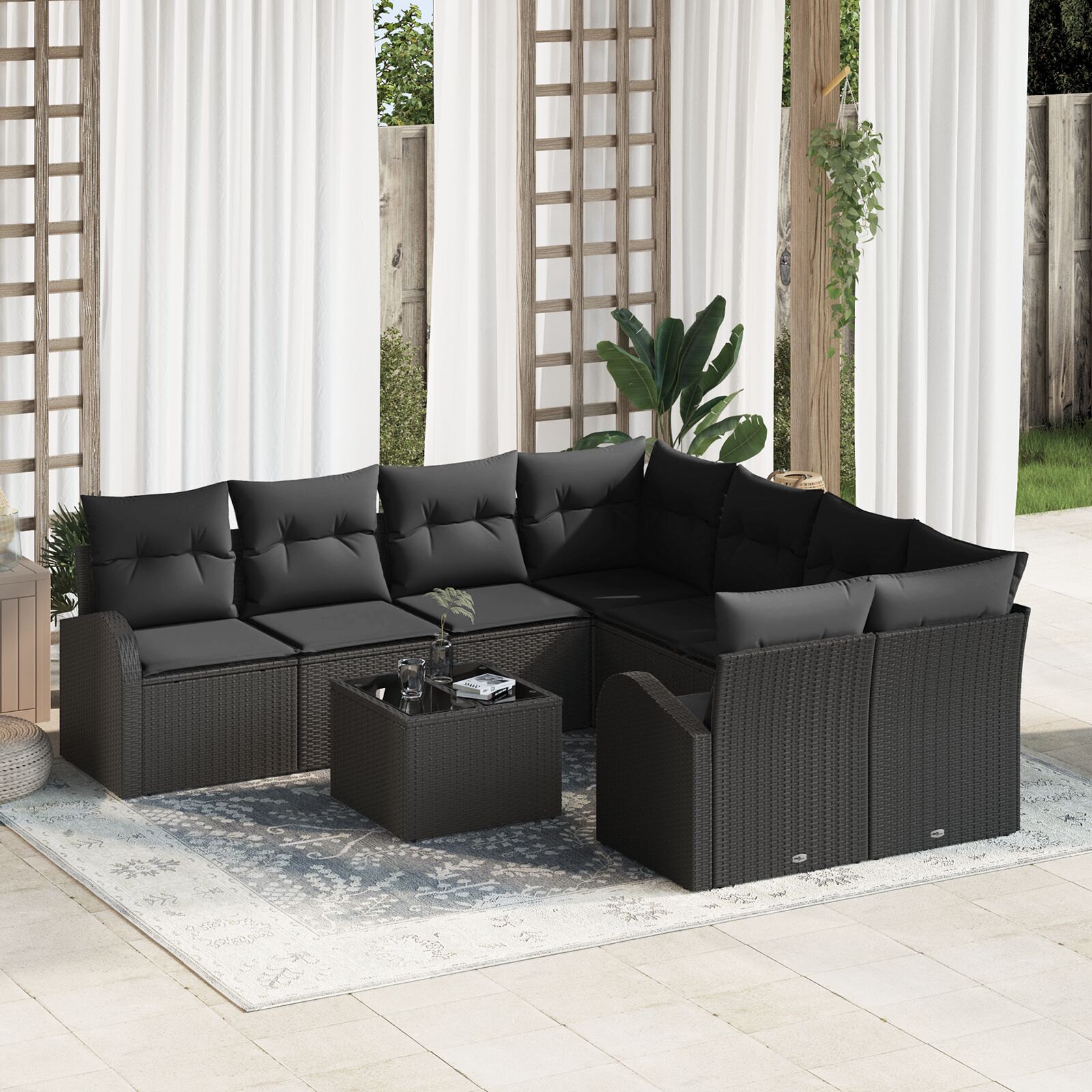 9-teiliges Garten Sofa Set mit Kissen Schwarz Poly-Rattan