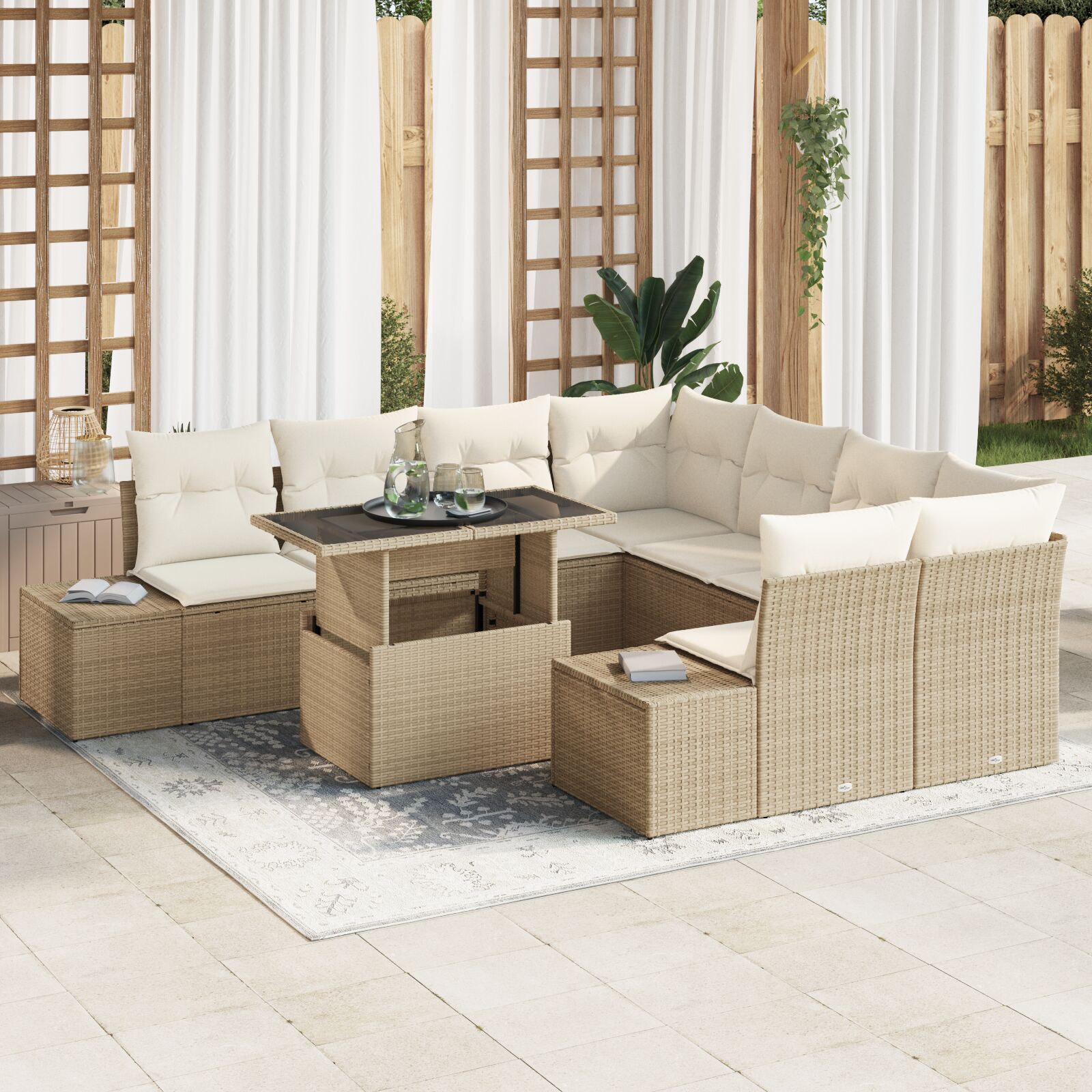 9-teiliges Garten Sofa Set mit Kissen Beige Poly Rattan 9-teiliges Garten Sofa Set mit Kissen Beige Poly Rattan