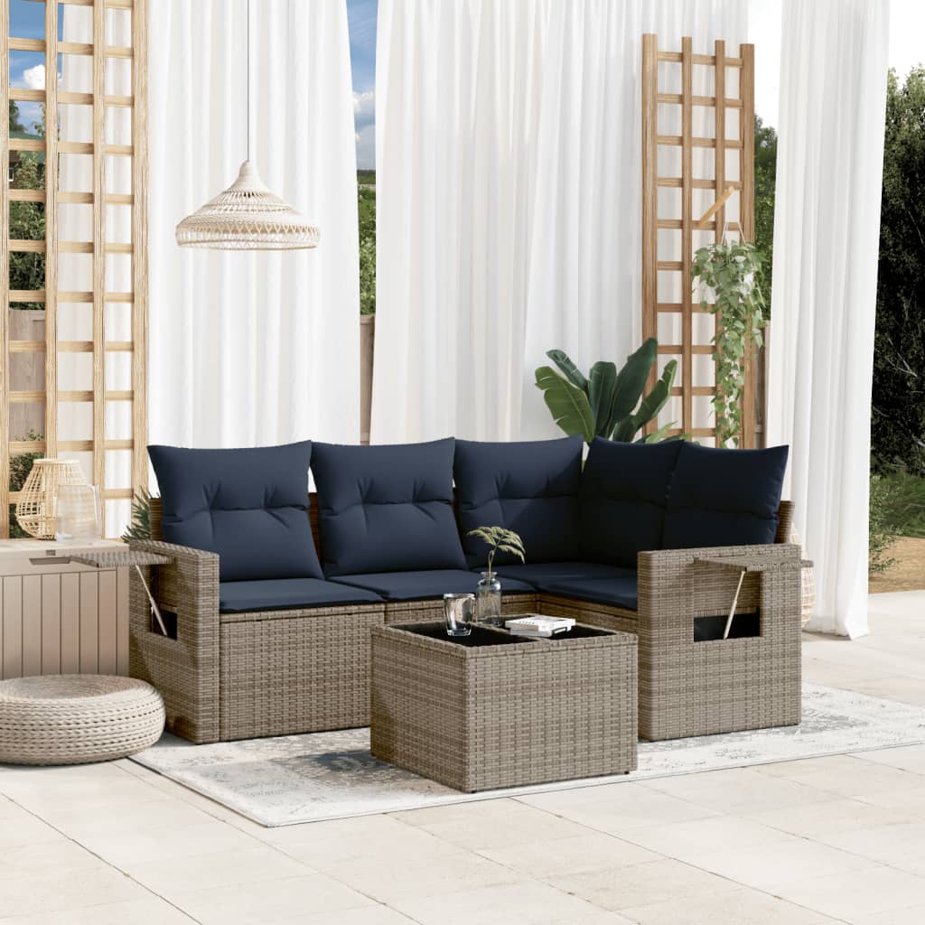 5-teiliges Gartensofa-Set mit Kissen, grau, Polyrattan