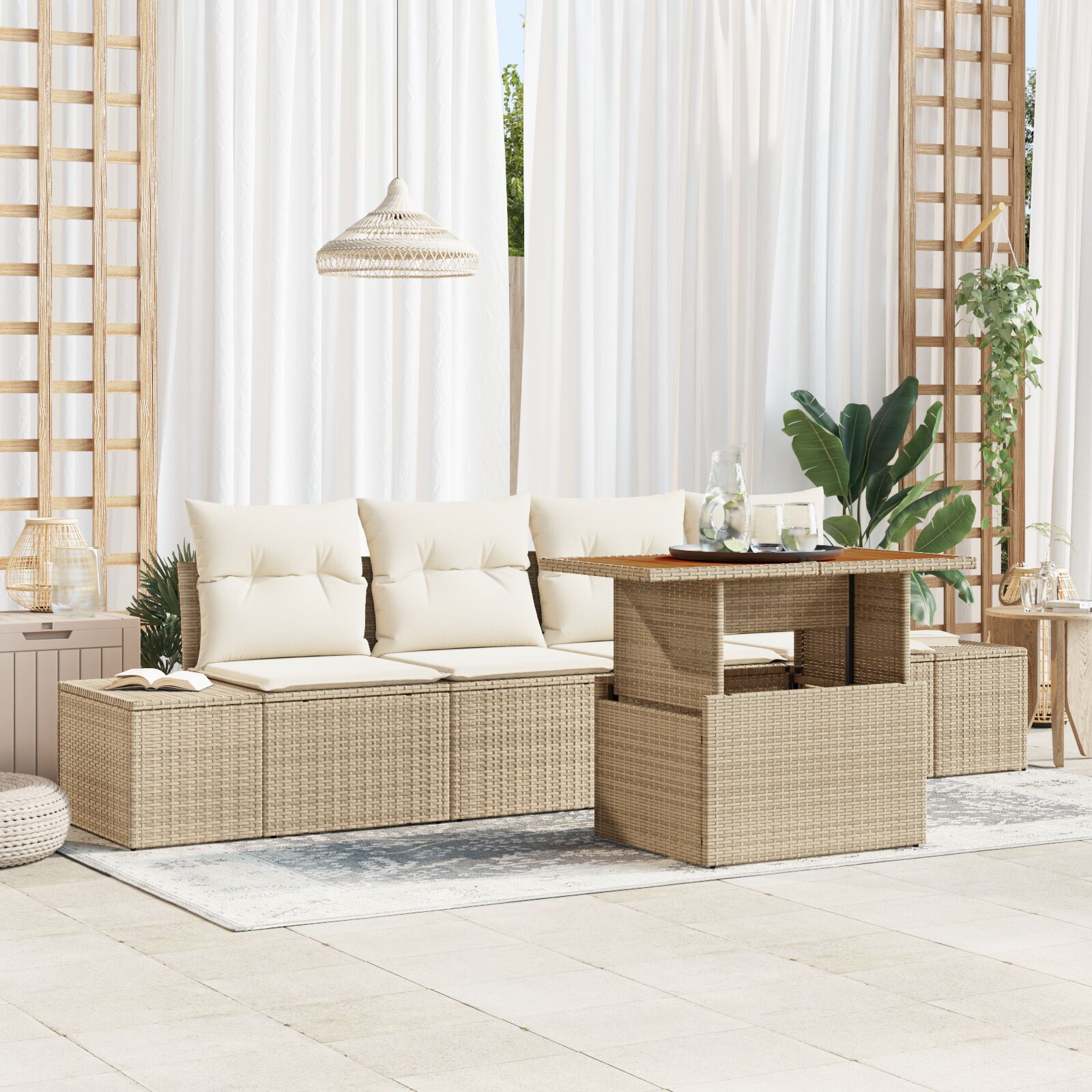 vidaXL Garten Sofa Set 5-teilig Beige Rattan Gartenmöbel Rechteckig vidaXL Garten Sofa Set 5-teilig Beige Rattan Gartenmöbel Rechteckig