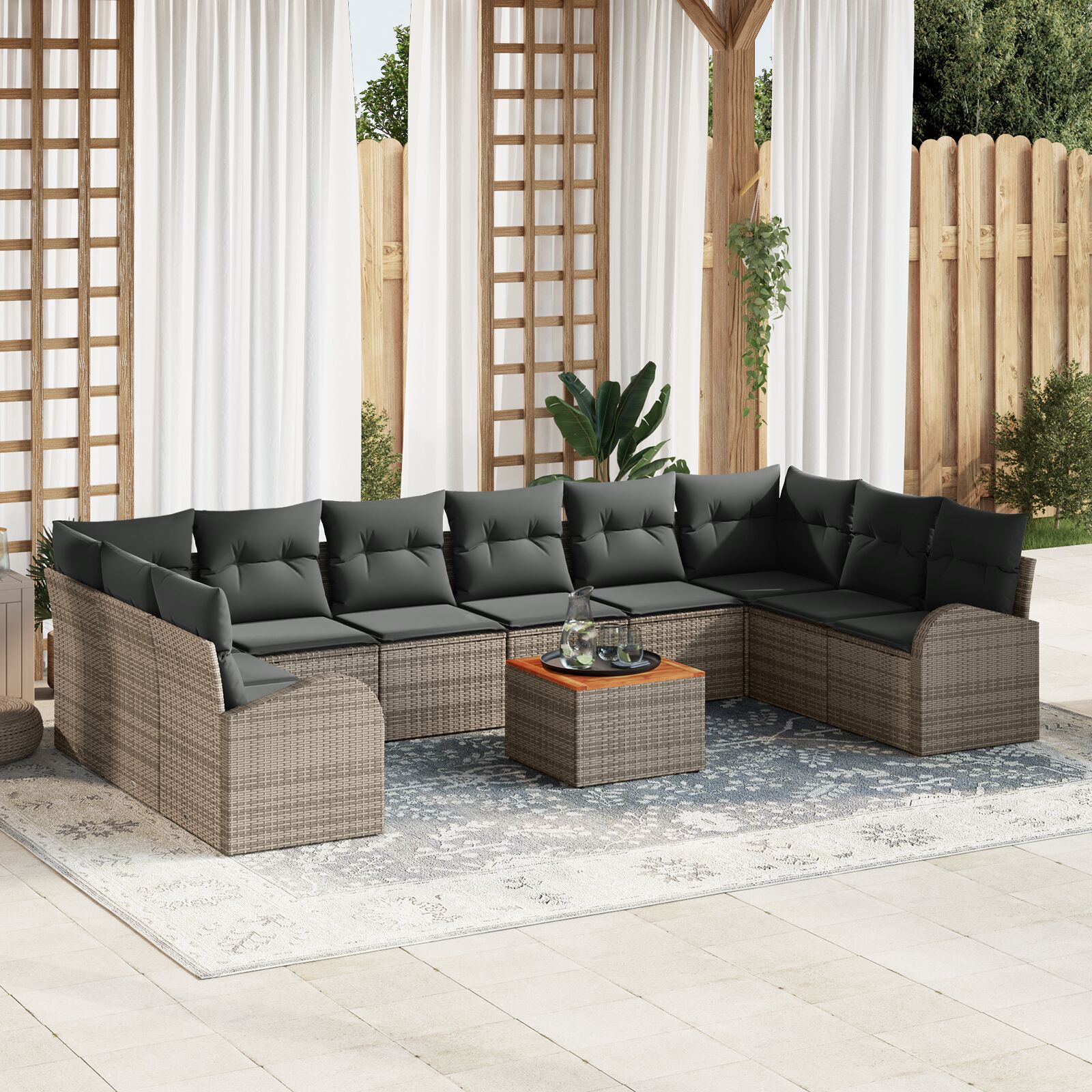 11-teiliges Garten Sofa Set mit Kissen Grau Poly Rattan Akazie 11-teiliges Garten Sofa Set mit Kissen Grau Poly Rattan Akazie