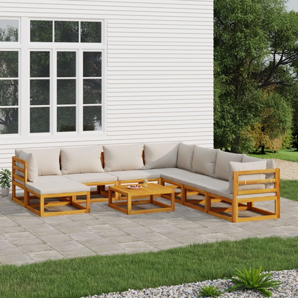 9-tlg. Garten-Lounge-Set mit Hellgrauen Kissen Massivholz 9-tlg. Garten-Lounge-Set mit Hellgrauen Kissen Massivholz