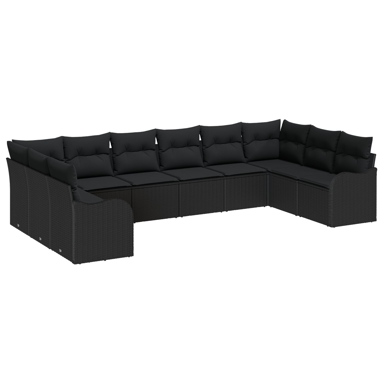 10-teiliges Garten-Sofa-Set mit Kissen Schwarz Poly Rattan, 2-Sitzer Garten-Sofa mit Kissen Schwarz Poly Rattan