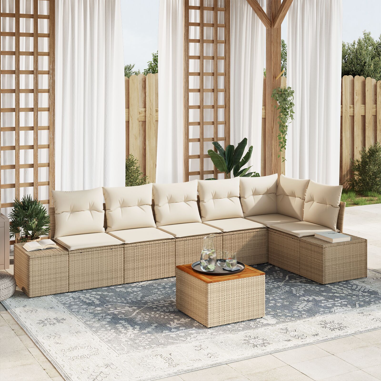 7-teiliges Garten Sofa Set mit Kissen Beige Poly Rattan Akazie