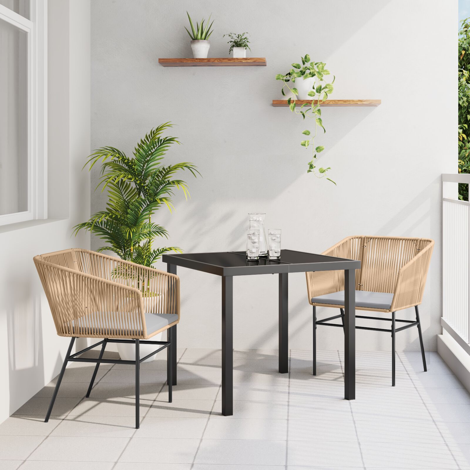 Set mit 2 Braun Poly-Rattan, Pulverbeschichteter Stahl Mittel