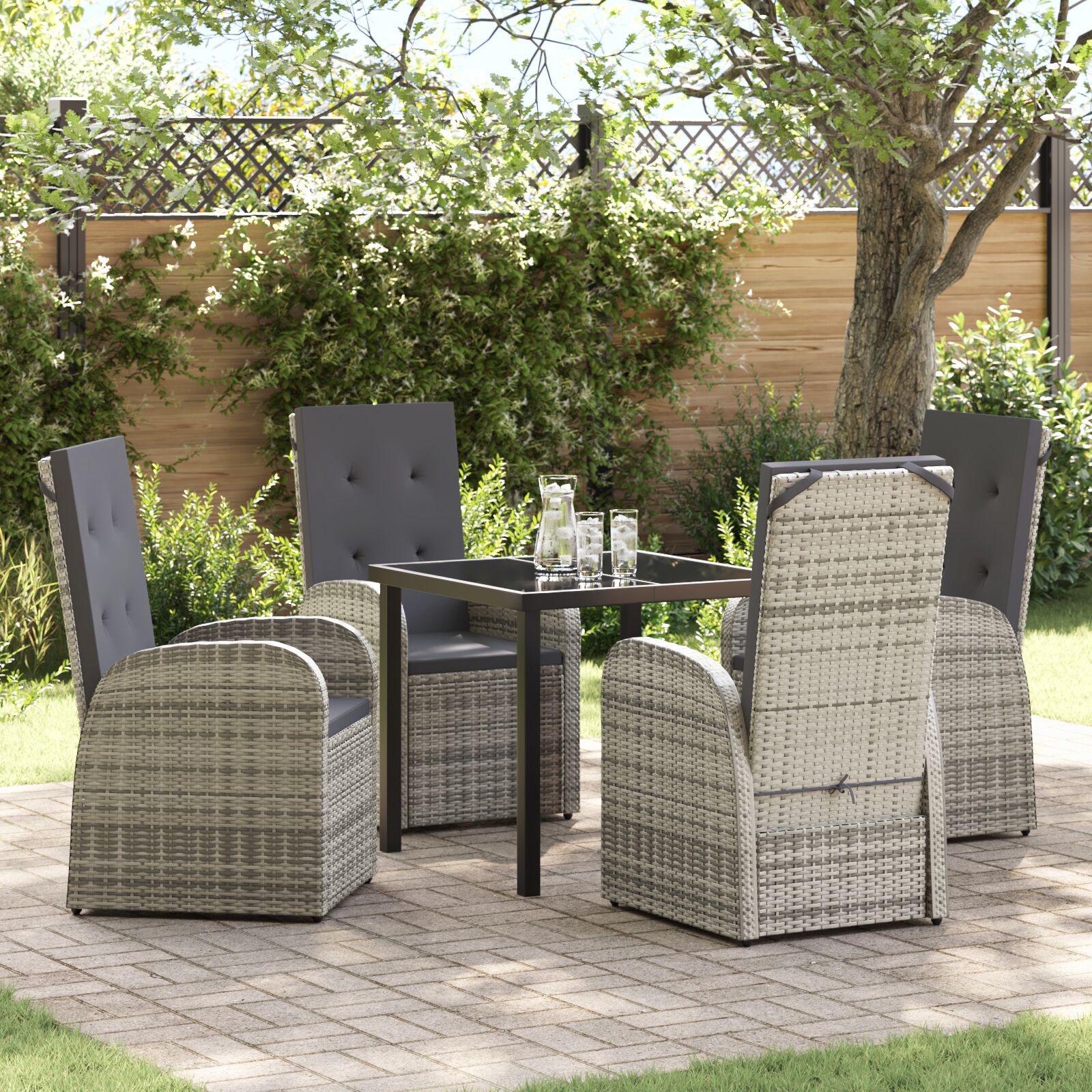vidaXL 5-teiliges Garten-Esszimmer-Set mit Kissen Graues Poly-Rattan vidaXL 5-teiliges Garten-Esszimmer-Set mit Kissen Graues Poly-Rattan