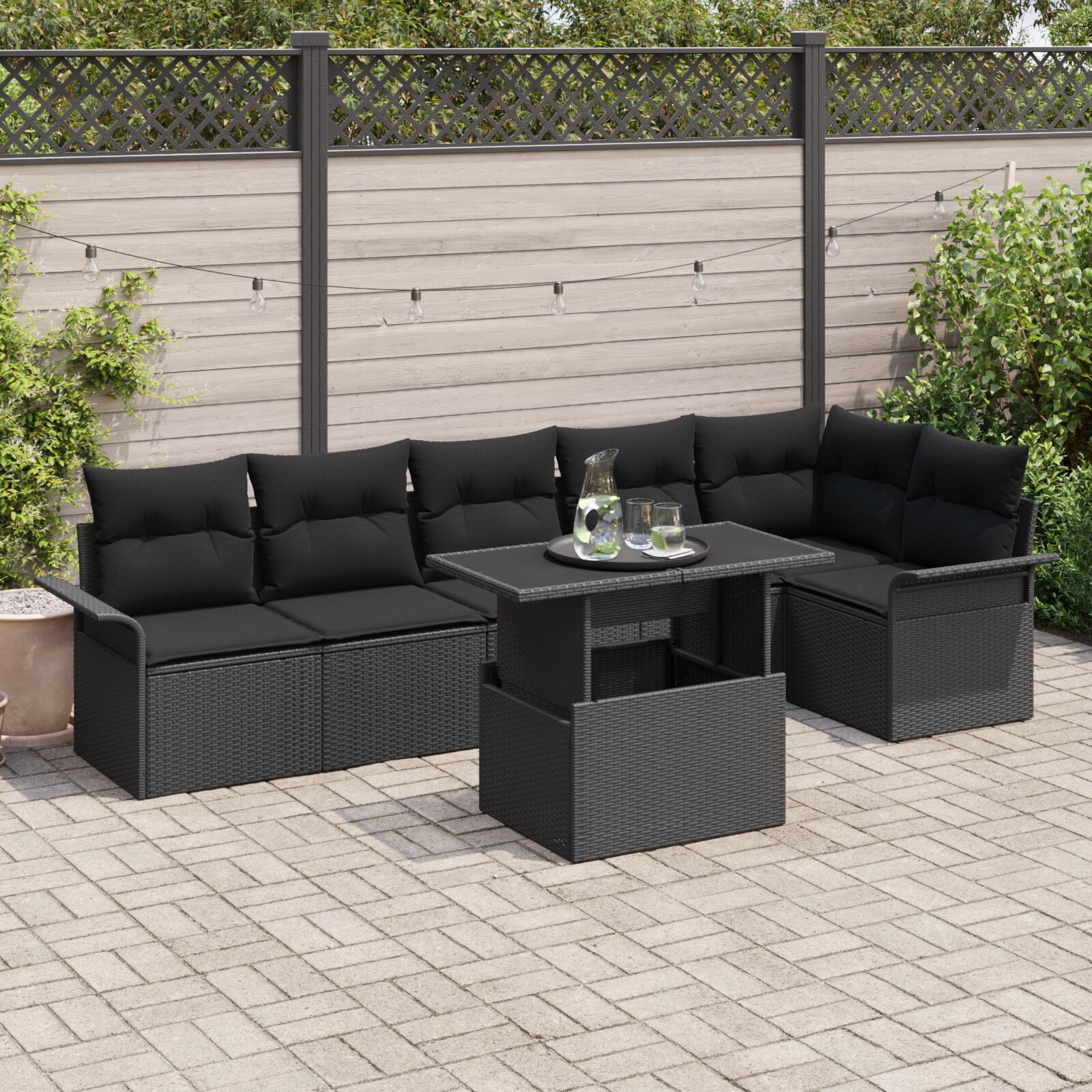 7-teiliges Garten Sofa Set mit Kissen Schwarz Poly Rattan