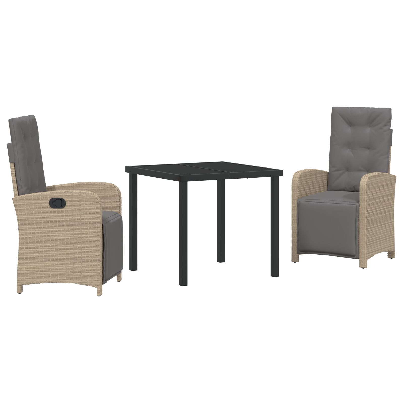 3-teiliges Garten Essgruppe mit Kissen Beige Poly Rattan, Gartentisch Schwarz 80x80x73 cm Sicherheitsglas